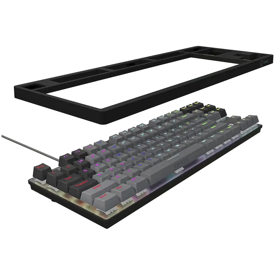 Egy leválasztott billentyűzetkeret lebeg egy szürke, RGB-világítású mechanikus billentyűzet felett.