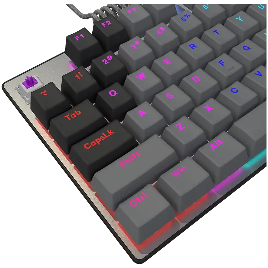 Szürke billentyűzet színes RGB világítással és fekete billentyűkkel.