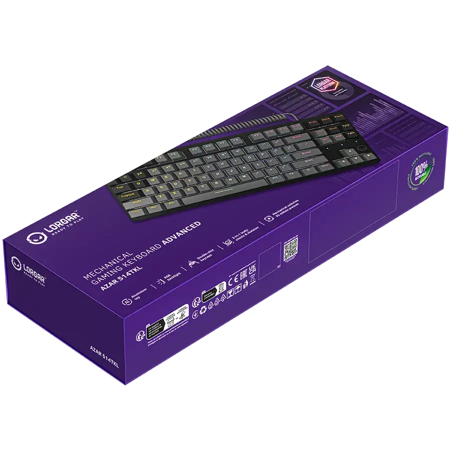 Lorgar AZAR 514TKL gamer billentyűzet lila dobozon, billentyűzet képpel.