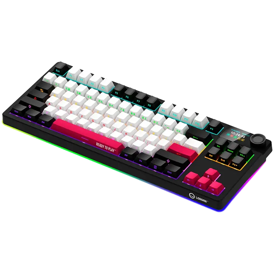 Fekete billentyűzet RGB világítással, fehér és piros gombokkal.