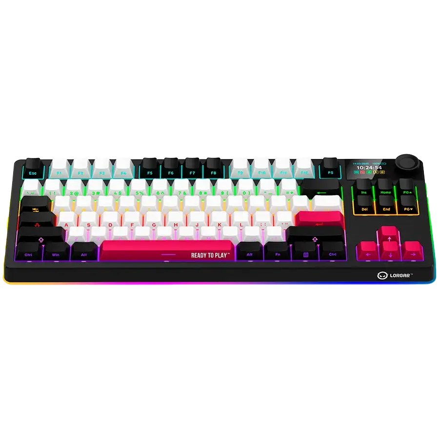 Fekete billentyűzet színes gombokkal és RGB világítással.