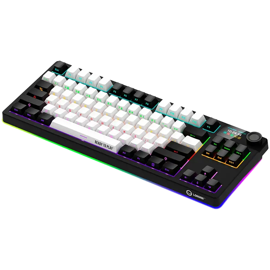 Fekete billentyűzet RGB világítással és fehér gombokkal. Felirat: 'READY TO PLAY'.