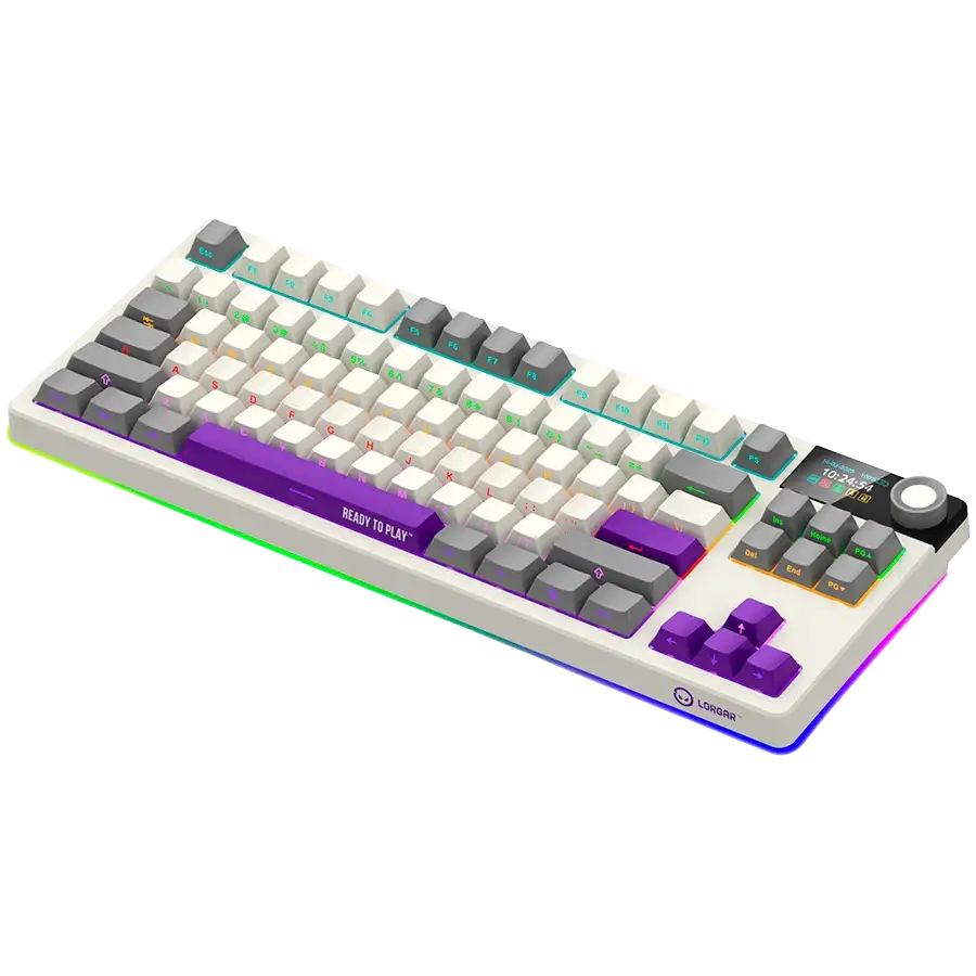 Egy fehér mechanikus billentyűzet lila és szürke gombokkal, RGB világítással és kis kijelzővel.