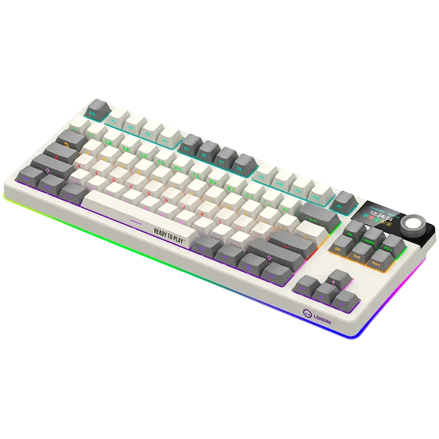 Fehér billentyűzet szürke kiemelő gombokkal és RGB világítással.