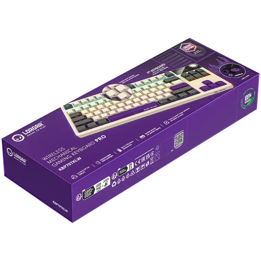 Lorgar Gaming Keyboard Pro doboz billentyűzetképpel és termékrészletekkel.