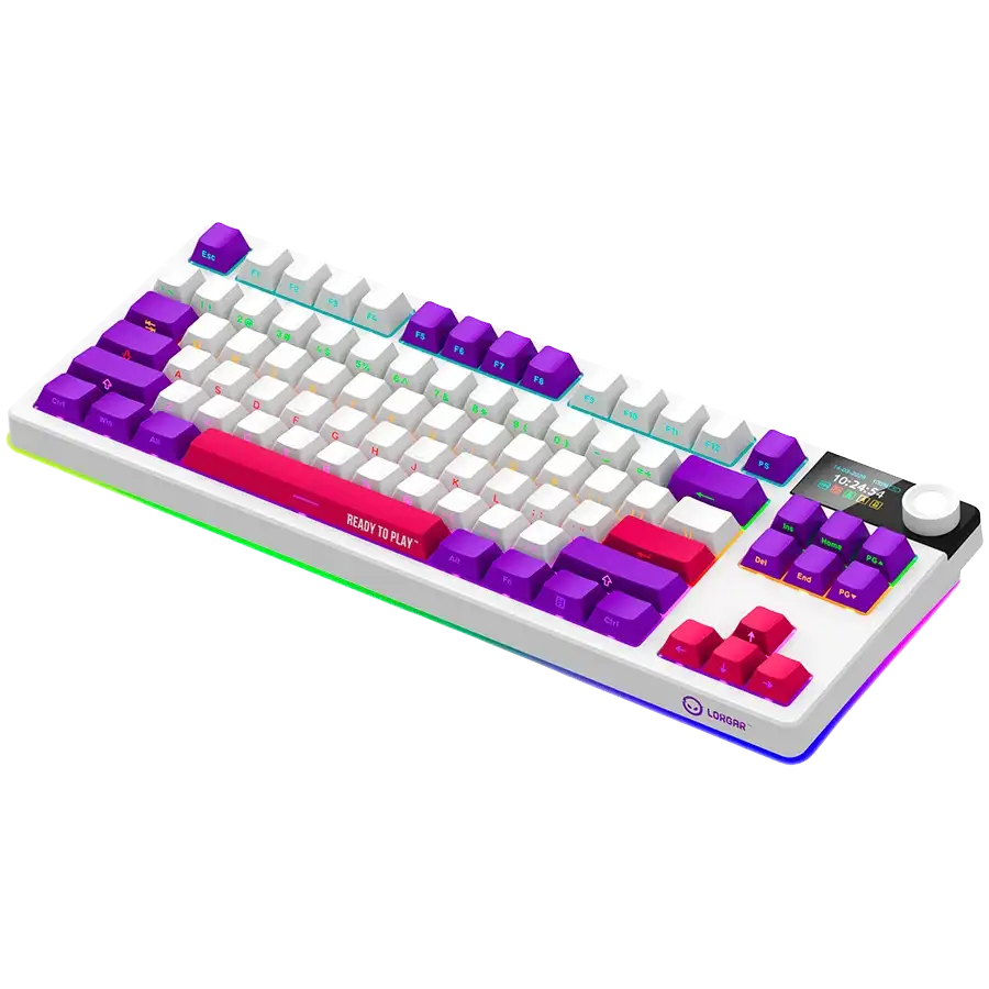 Fehér billentyűzet lila és piros gombokkal, RGB világítással.