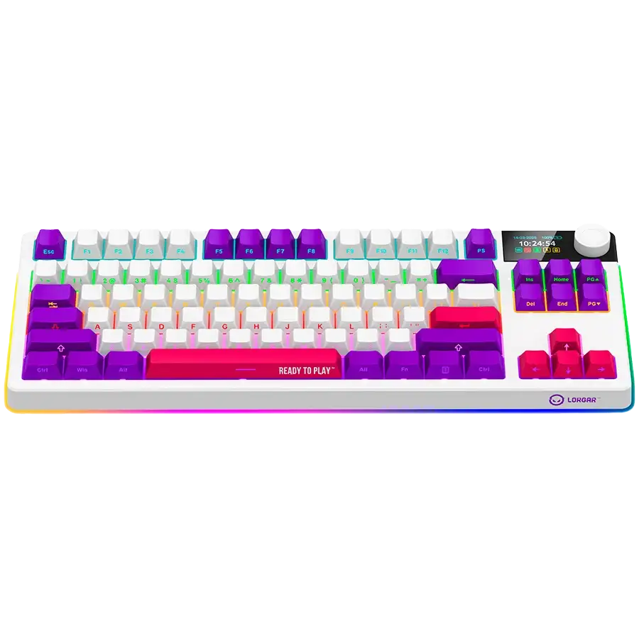 Fehér billentyűzet színes gombokkal és RGB világítással.
