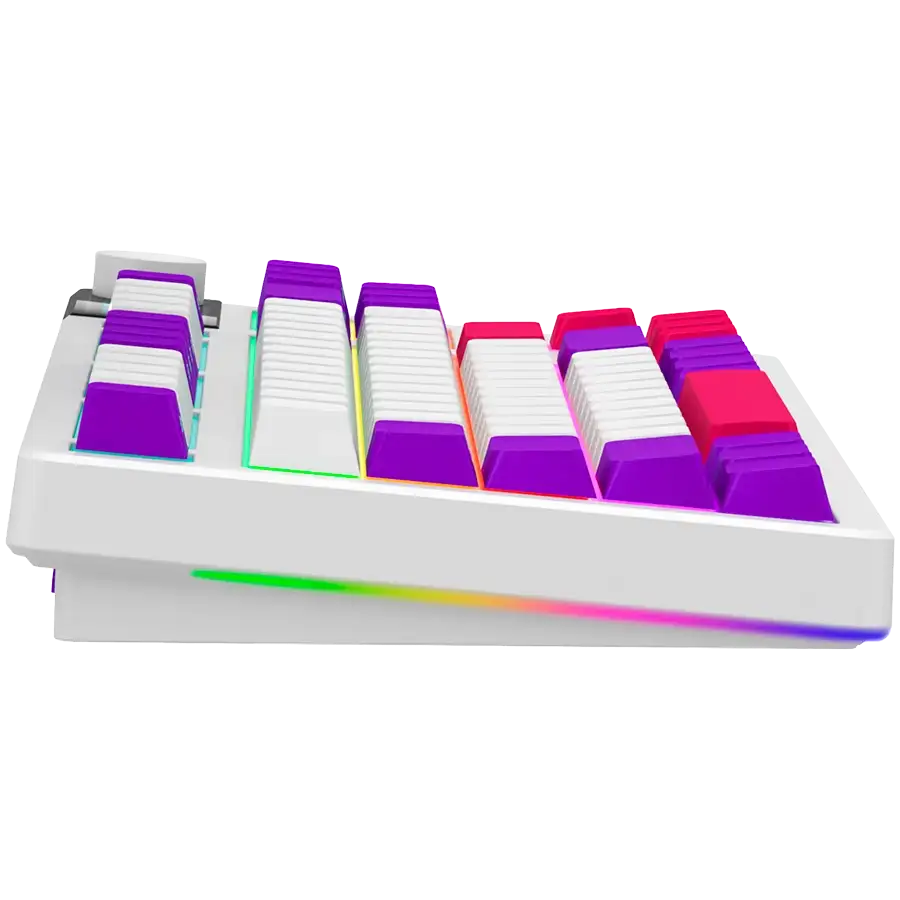 Fehér billentyűzet lila, fehér és piros gombokkal, RGB világítással.