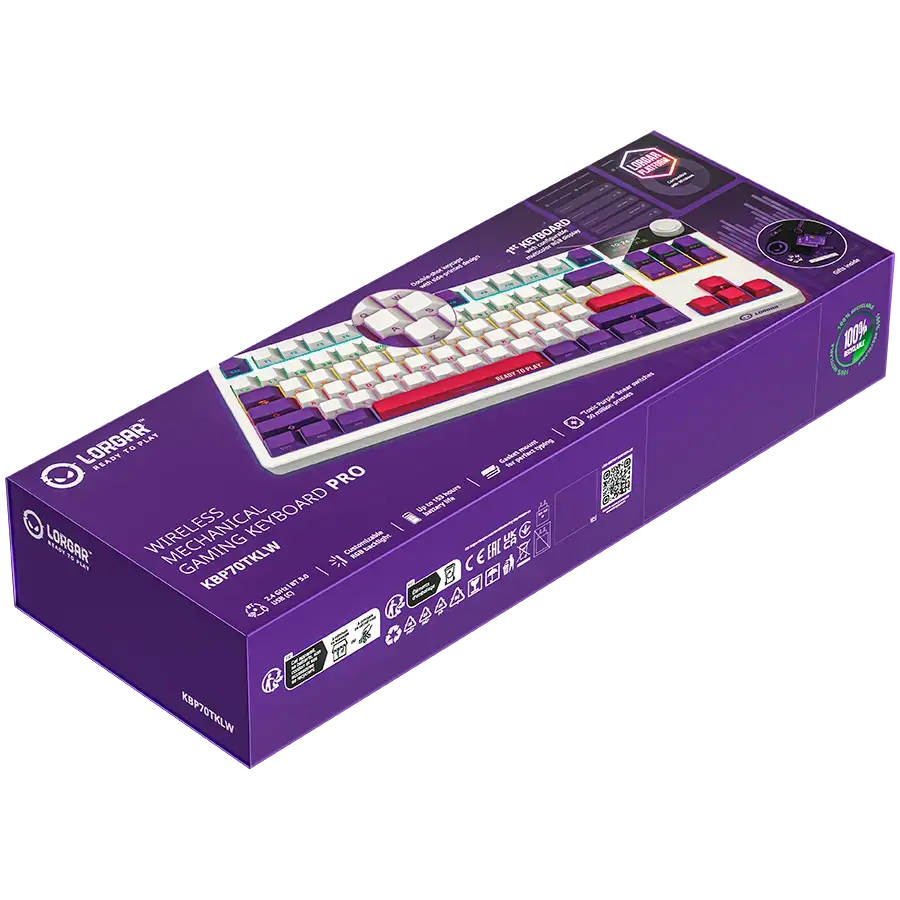 Lorgar Gaming Keyboard Pro lila dobozon, fehér gombok, piros kiemelések.