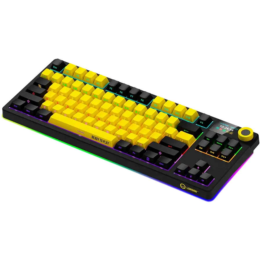 Fekete billentyűzet sárga gombokkal és RGB világítással, ame