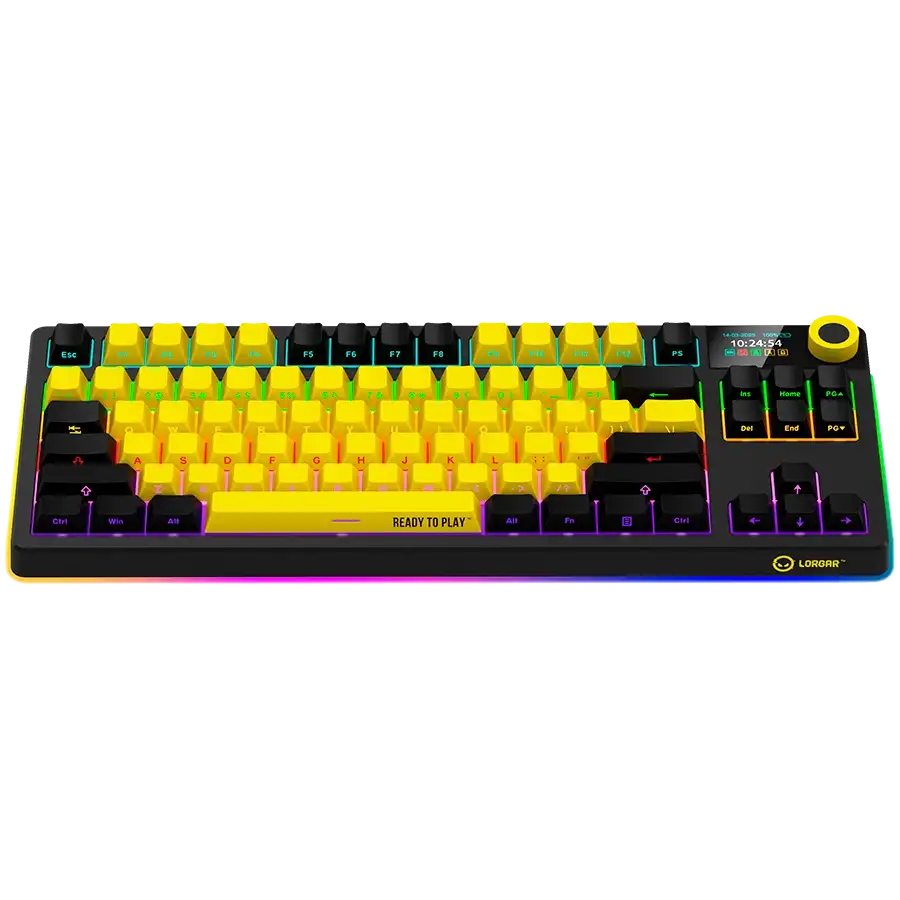 Fekete billentyűzet sárga és fekete gombokkal. Alul RGB világítás ragyog.