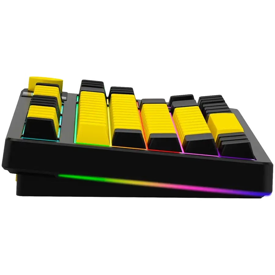 Fekete billentyűzet sárga gombokkal és RGB világítással.