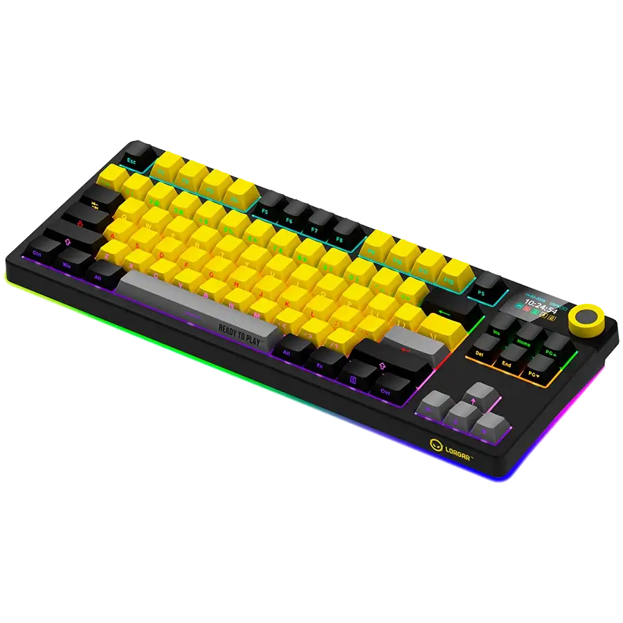 Egy fekete billentyűzet sárga billentyűsapkákkal és RGB világítással.