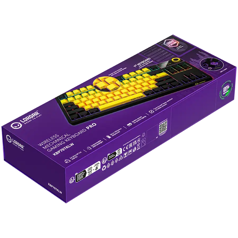 Lorgar gamer billentyűzet doboz sárga-fekete gombokkal és RGB kijelzővel.
