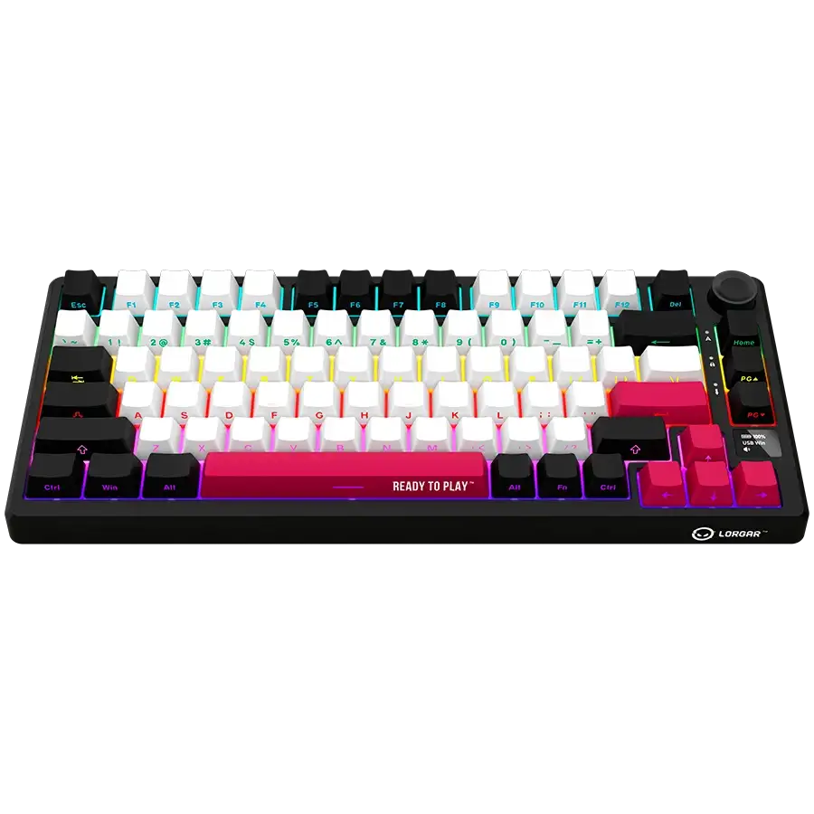 Fekete gamer billentyűzet RGB világítással és piros 'READY TO PLAY' szóközzel.