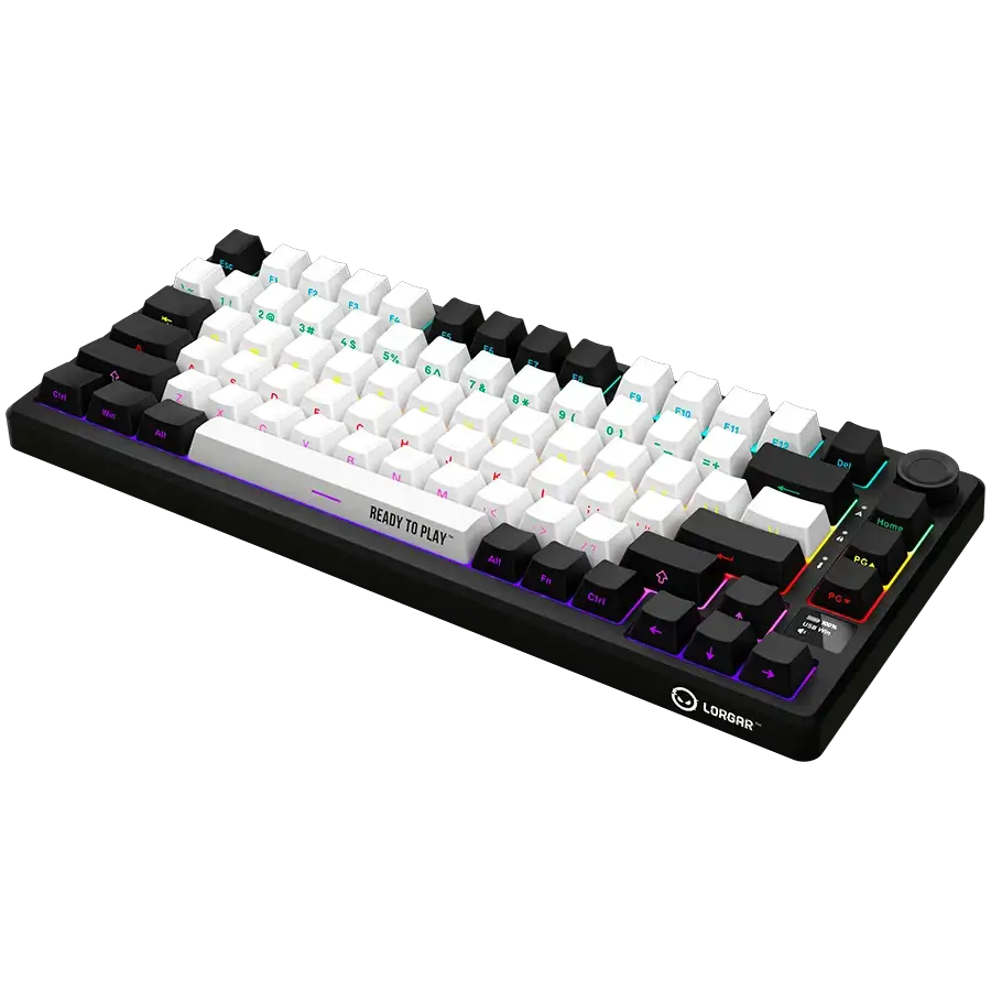 Egy fekete mechanikus billentyűzet fehér és fekete billentyűkkel, RGB világítással.