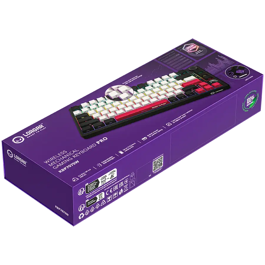 Lila doboz egy vezeték nélküli mechanikus gamer billentyűzettel PRO KBP7075W.