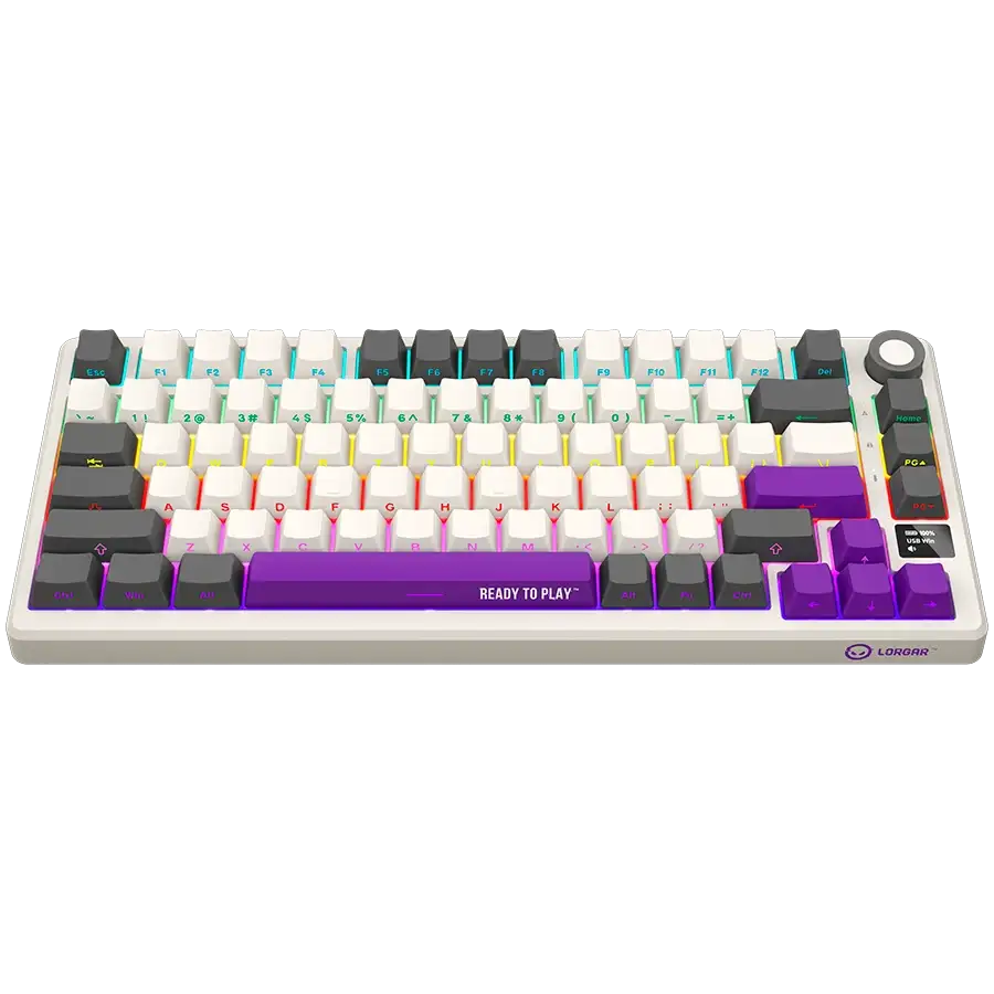 Fehér gamer billentyűzet RGB világítással és lila kiemelő billentyűkkel. 'READY TO PLAY' az űrlapon.