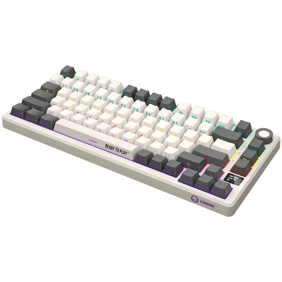 Egy fehér és szürke mechanikus billentyűzet RGB világítással, mutatva 