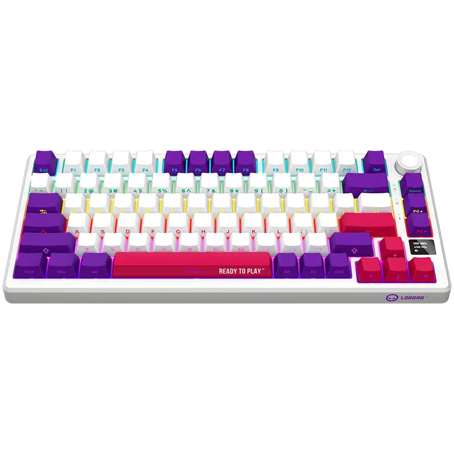 Fehér billentyűzet lila és piros gombokkal és RGB világítással.