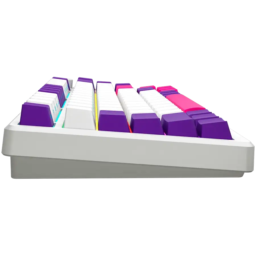 Fehér billentyűzet lila és rózsaszín gombokkal és RGB világítással.