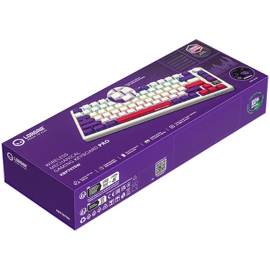 Lorgar vezeték nélküli mechanikus gamer billentyűzet Pro KBP7075W lila dobozon.