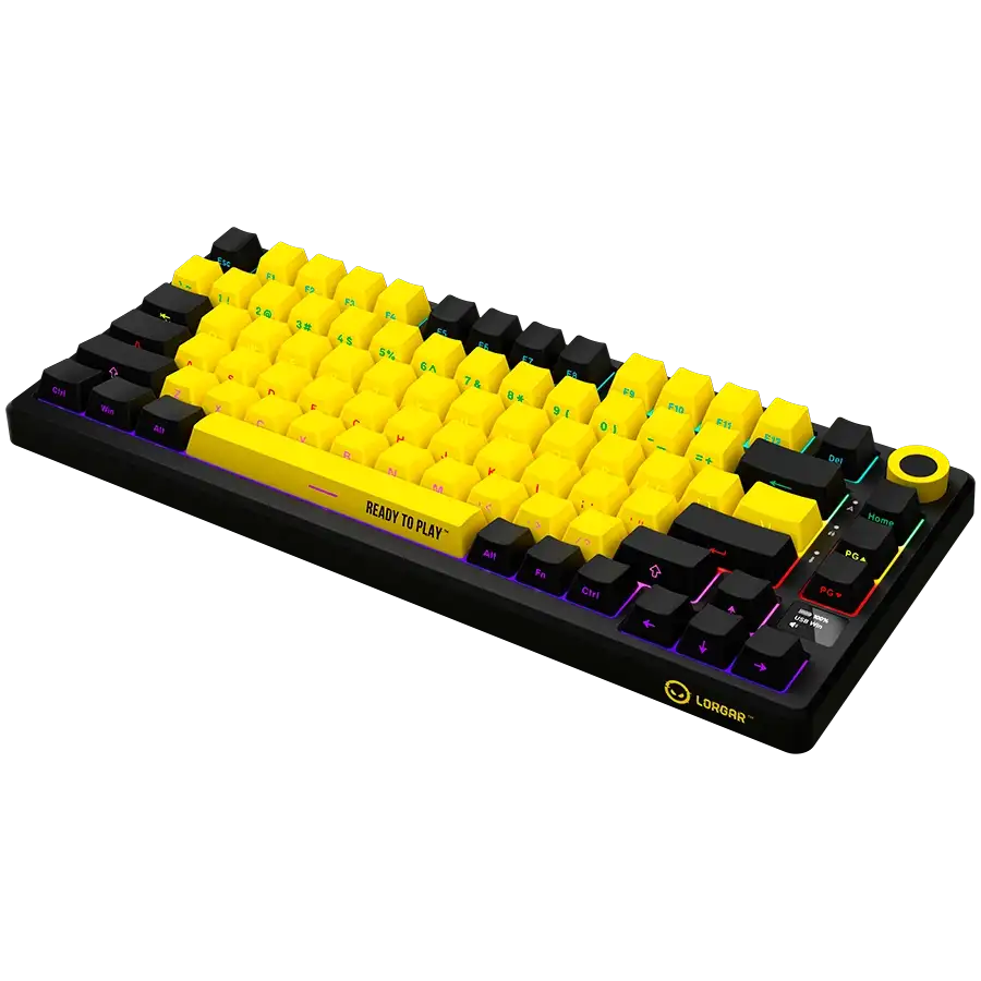Egy fekete billentyűzet sárga gombokkal és RGB világítással fekete háttéren.
