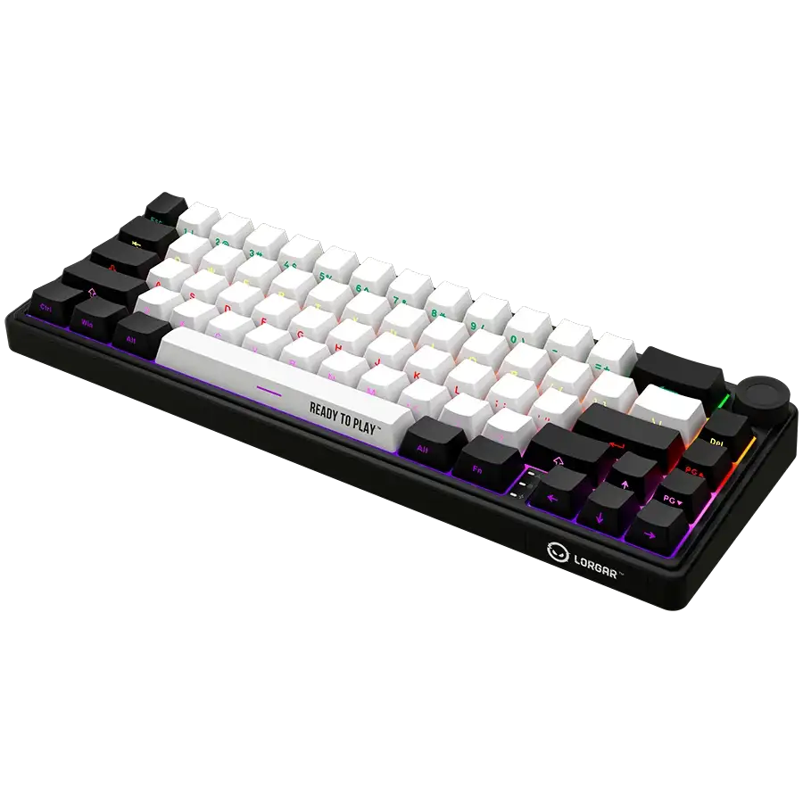 Egy fekete billentyűzet fehér és fekete gombokkal, RGB világítással.