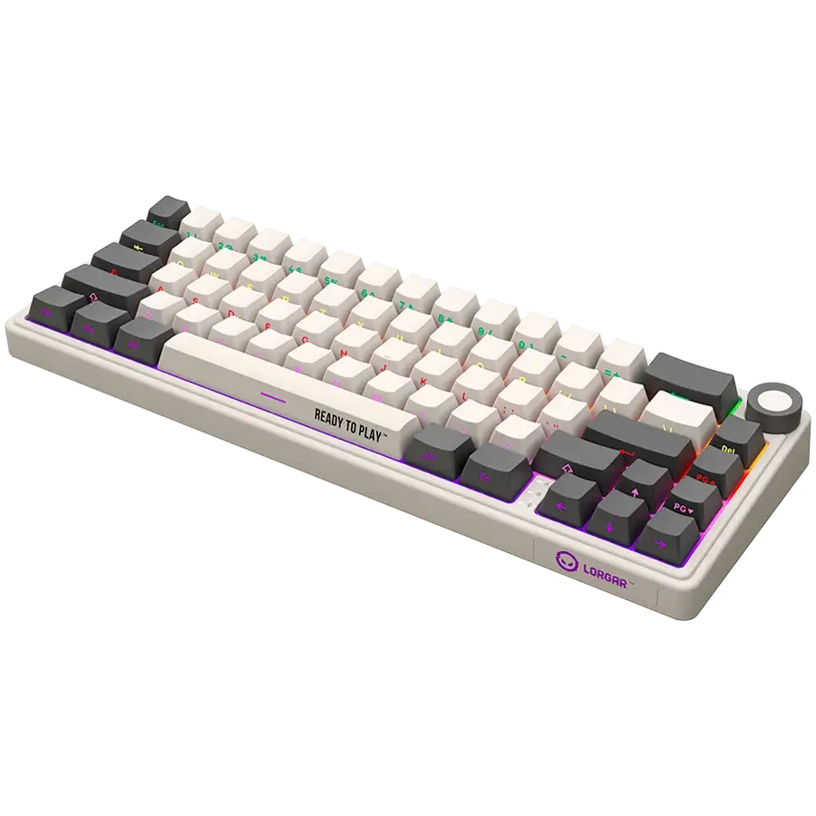 Fehér és szürke billentyűzet RGB világítással, „READY TO PLAY” felirattal.