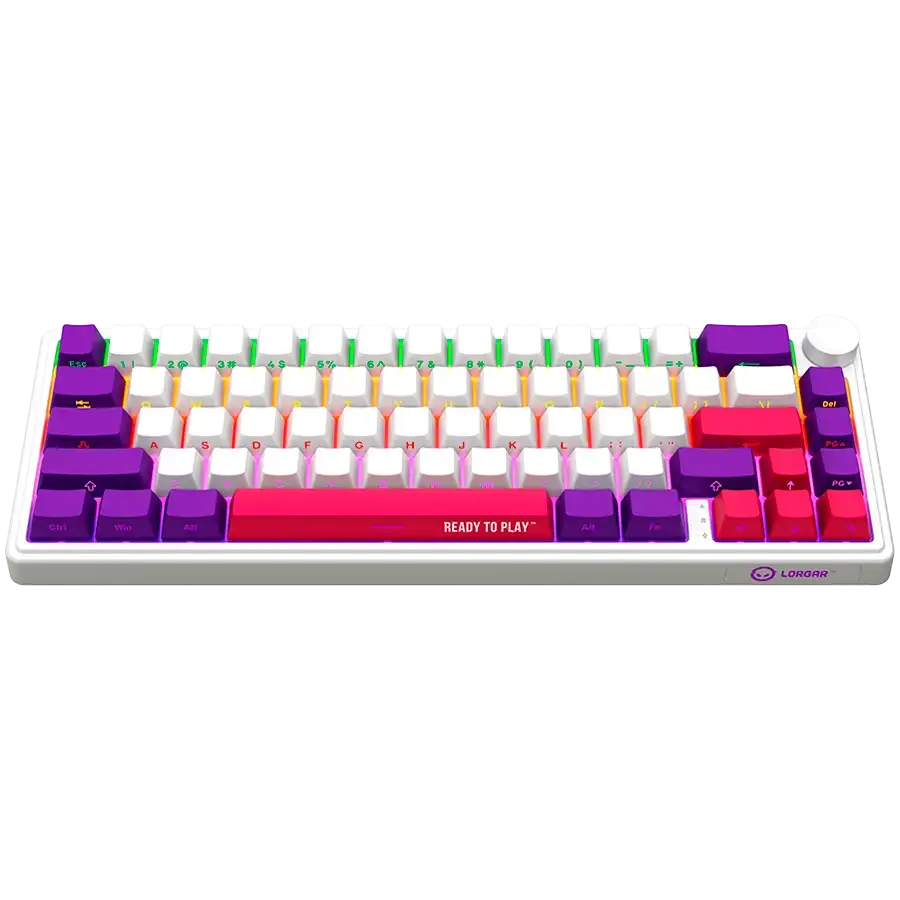 Fehér gamer billentyűzet színes gombokkal (lila, piros, fehér) és RGB világítással.