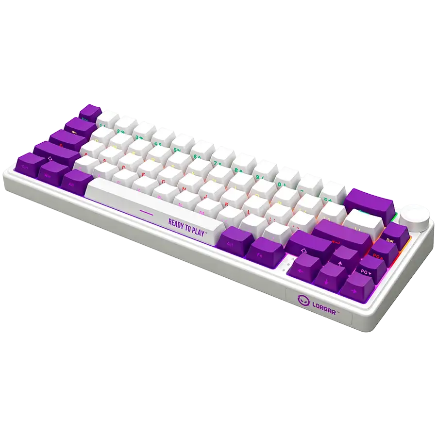Fehér és lila kompakt billentyűzet RGB világítással. Szöveg: 'READY TO PLAY'.