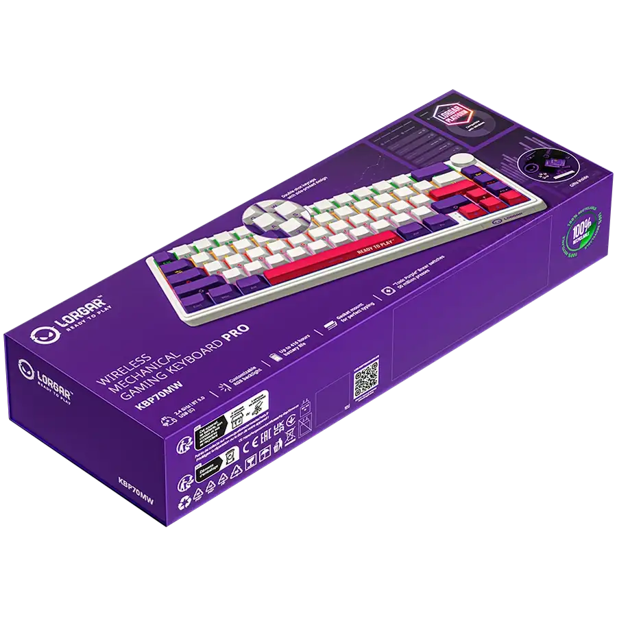 Lila doboz vezeték nélküli mechanikus RGB gamer billentyűzethez.