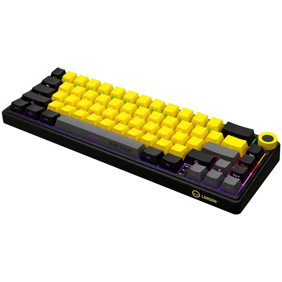 Fekete billentyűzet sárga gombokkal és RGB világítással. 'READY TO PLAY' szóköz.