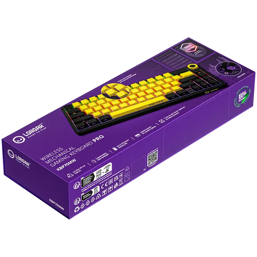 Lorgar Gaming KBP70MW billentyűzet lila és fekete színben, sárga gombokkal.