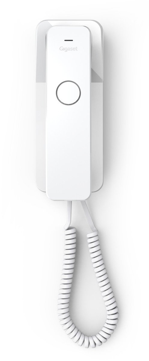 Biały telefon Gigaset z słuchawką wiszącą na uchwycie ściennym.