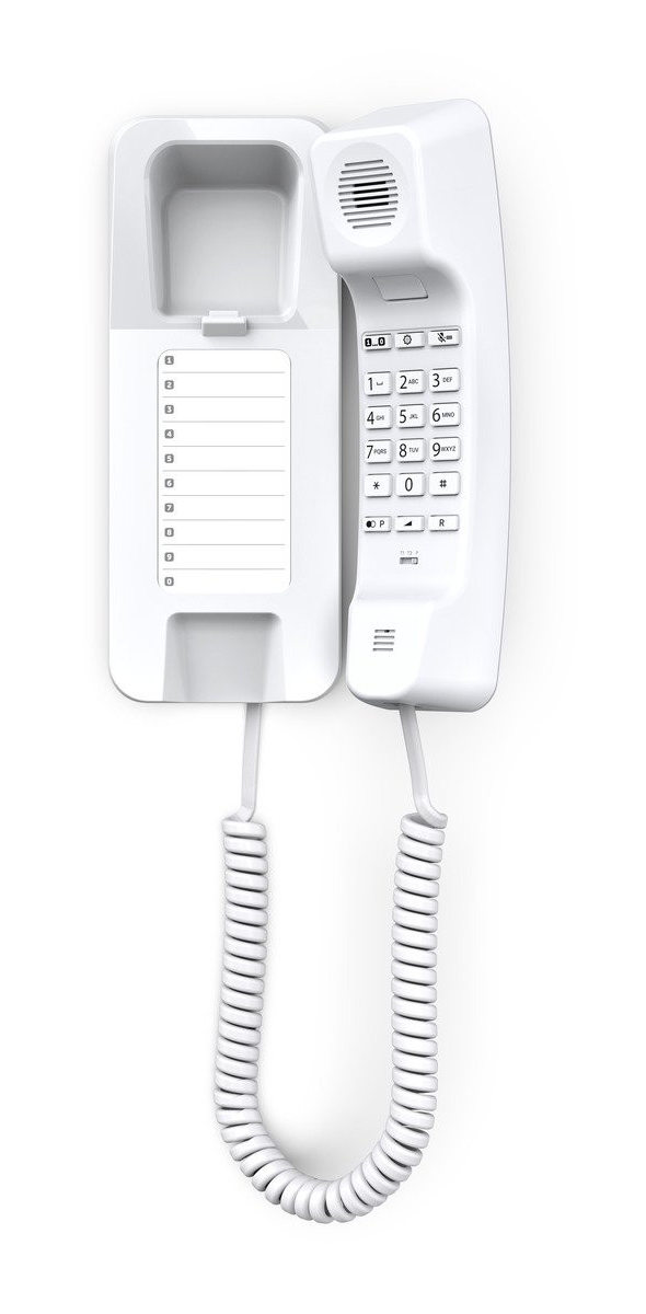 Biały telefon ścienny z klawiaturą, słuchawką i kablem.