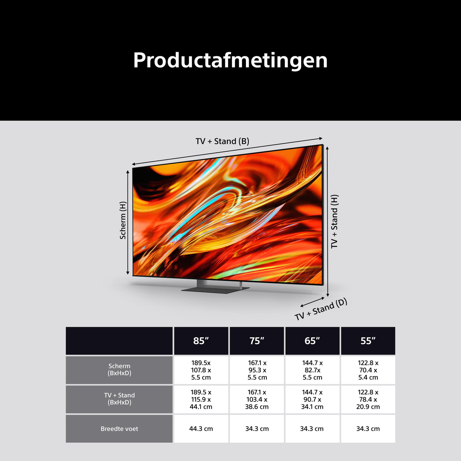 Afmetingen TV-schermen: 85", 75", 65", 55". Tabel toont schermmaat en standafmetingen.