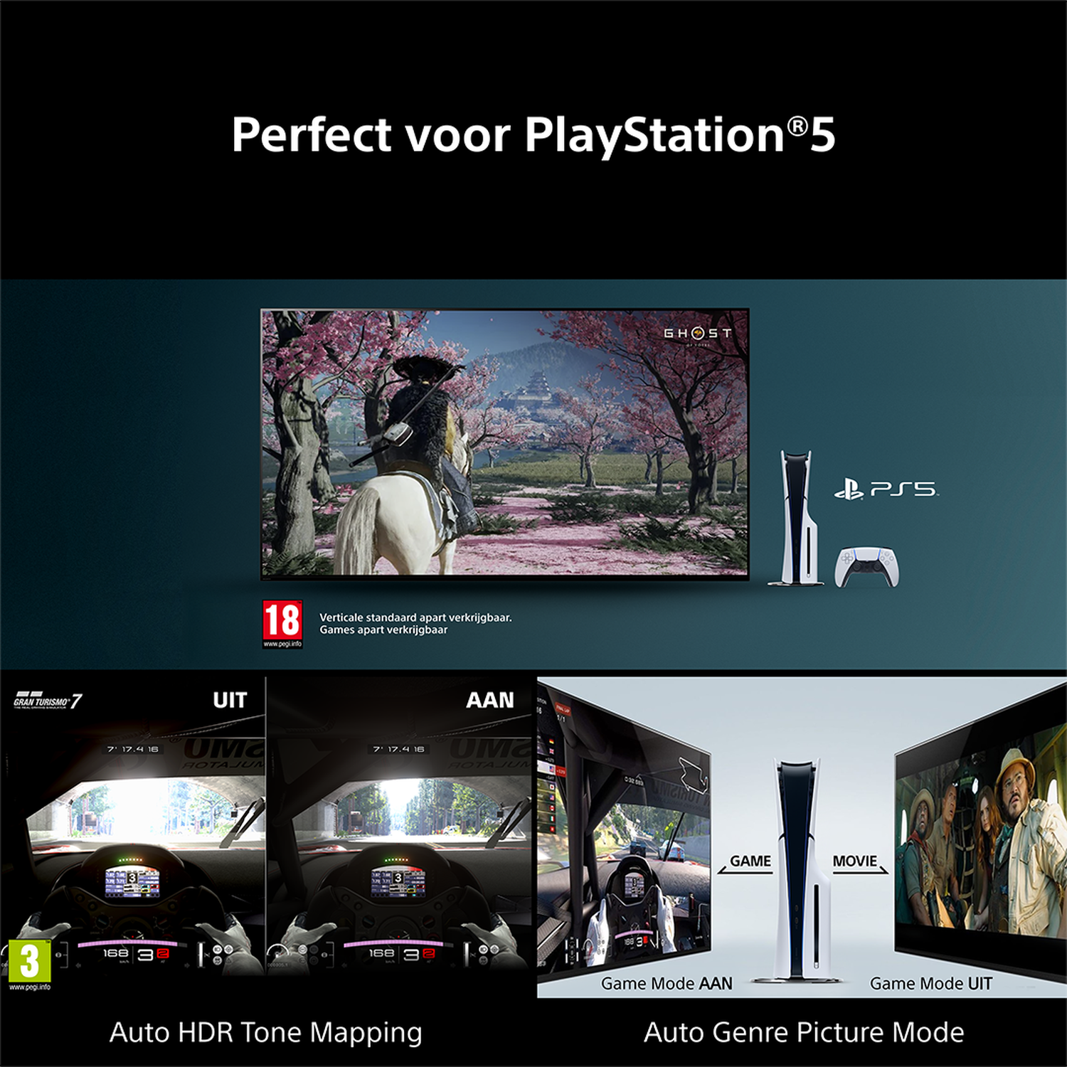 PlayStation 5 met spelscènes: Ghost of Tsushima, Gran Turismo 7, Game/Film.