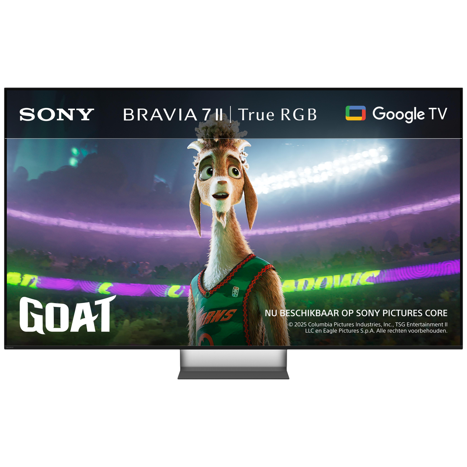 Een geit in sportkleding staat voor een verlicht stadion. SONY, GOAT.