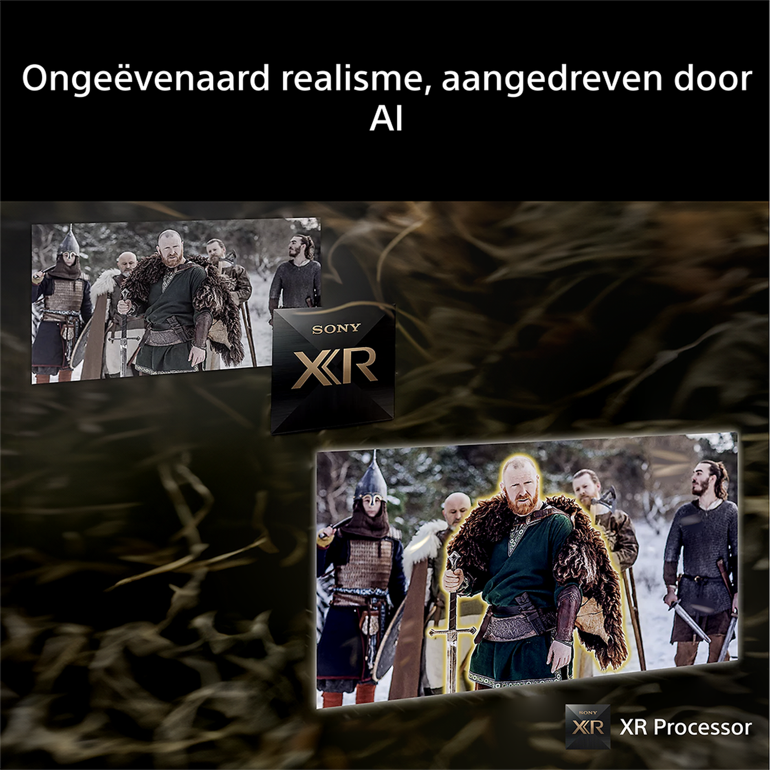 Vikingen met zwaarden en schilden in een besneeuwd landschap.