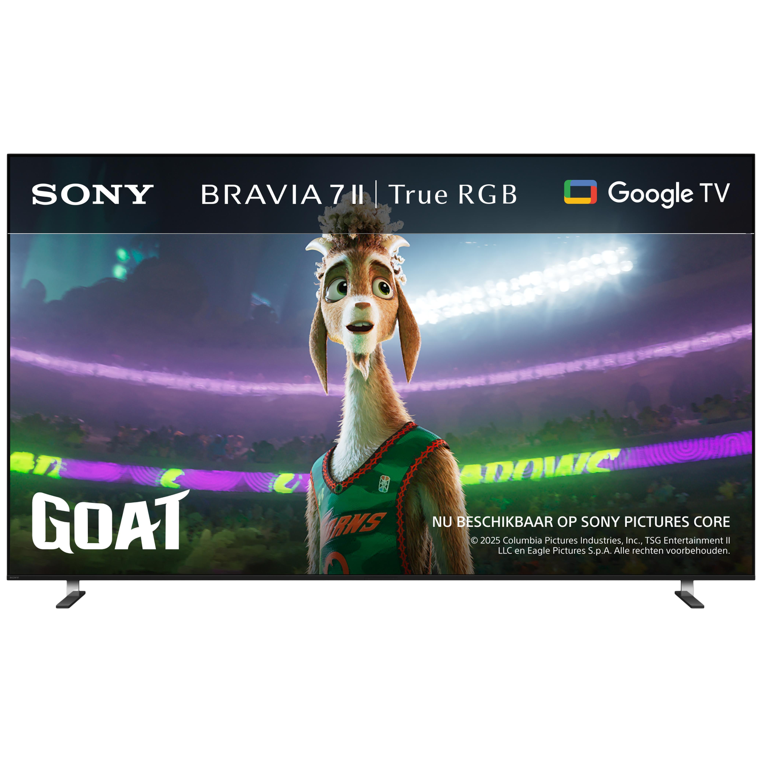 Een geitenpersonage in een stadion met "GOAT"-tekst op een Sony Bravia TV.