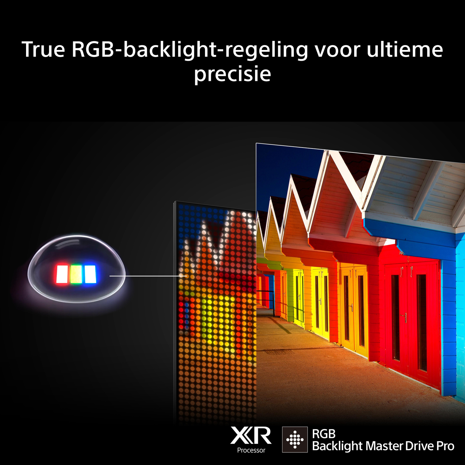 RGB LED-display naast kleurrijke strandhuisjes met XR Processor logo.