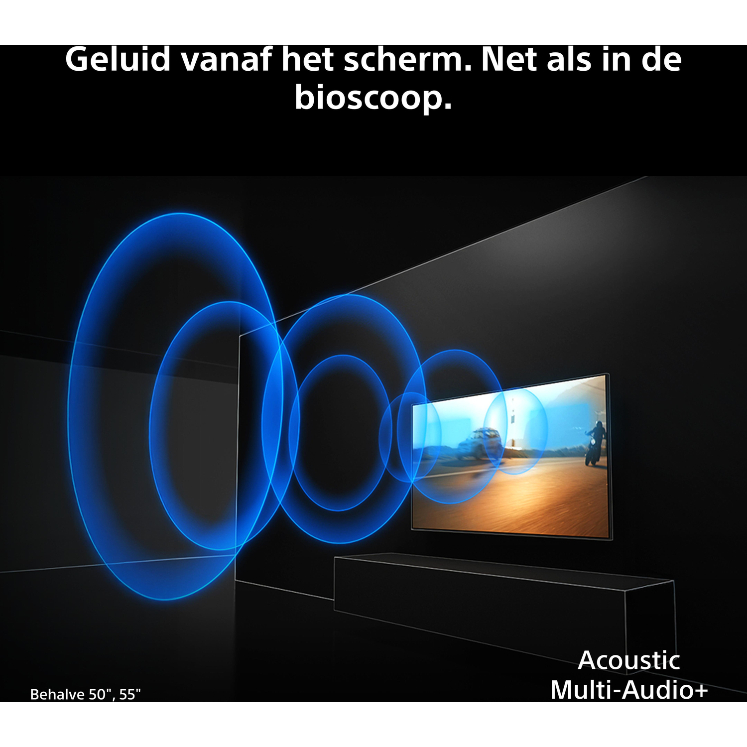 Een tv met geluidsgolven die van het scherm komen. Een luidspreker op de voorgrond.