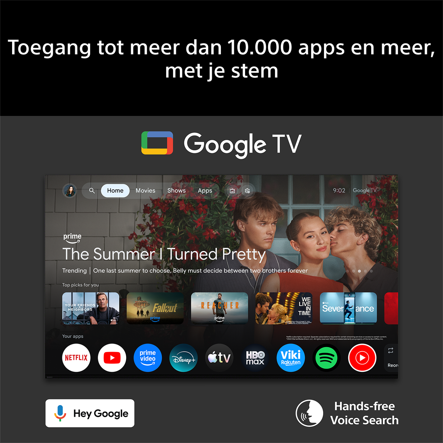 Google TV startscherm met films en apps. "The Summer I Turned Pretty" wordt getoond.