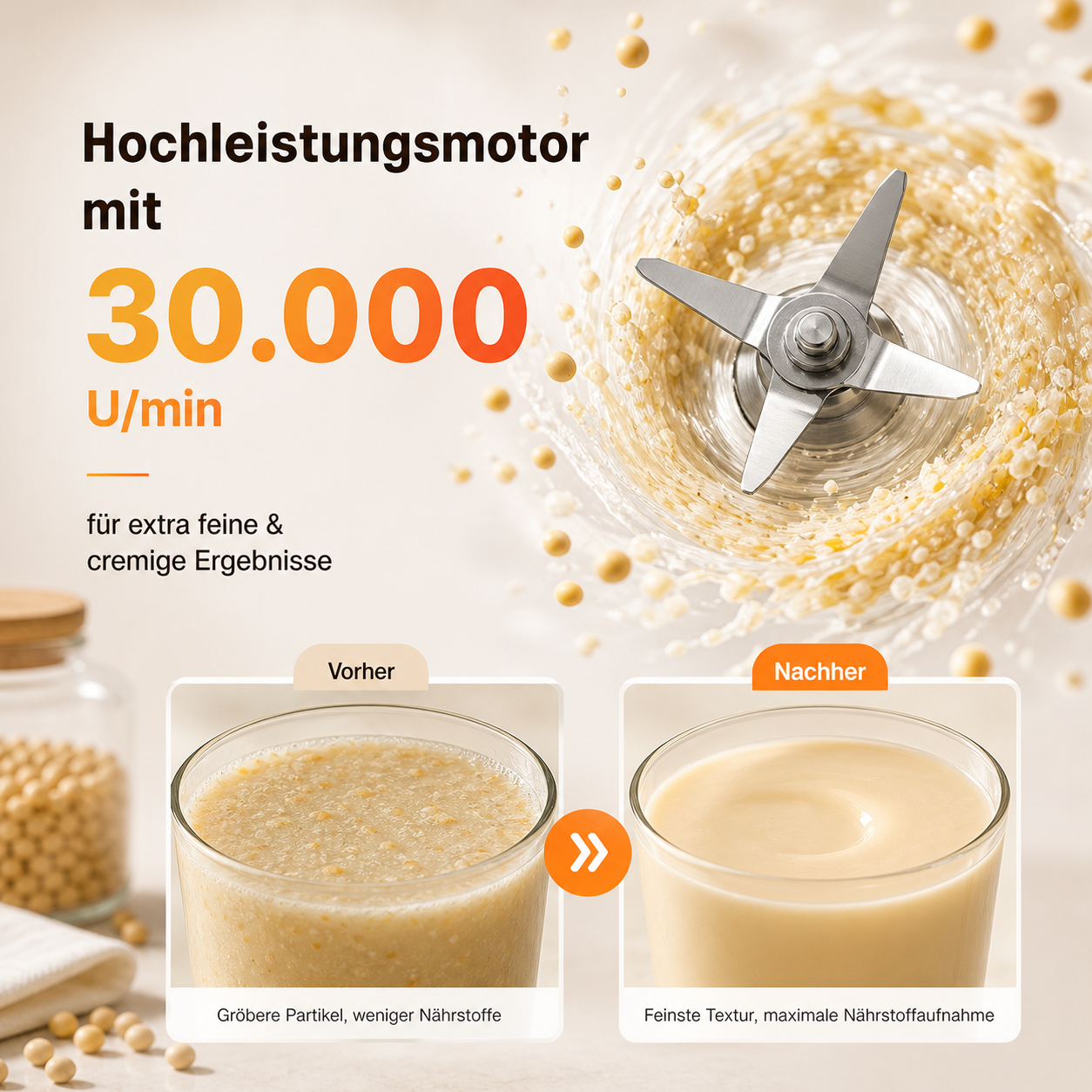 Hochleistungsmotor mit 30.000 U/min zerkleinert Sojabohnen zu feinem Brei.