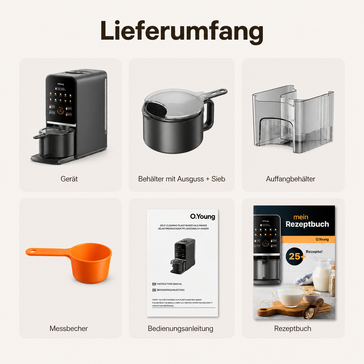 Lieferumfang: Gerät, Milchbehälter, Auffangbehälter, Messbecher, Anleitung, Rezeptbuch.