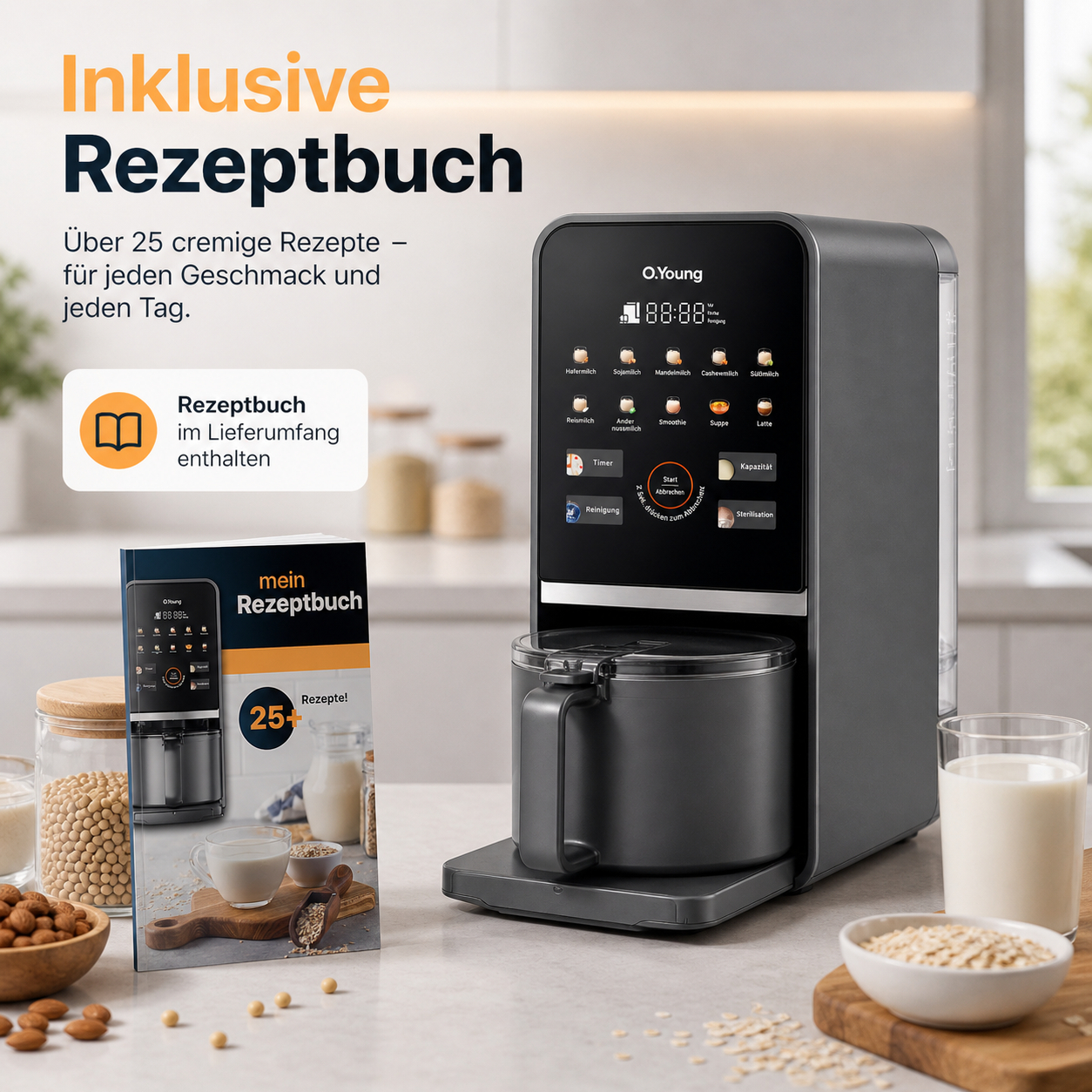Ein Küchengerät mit Rezeptbuch, Milch und Haferflocken daneben.