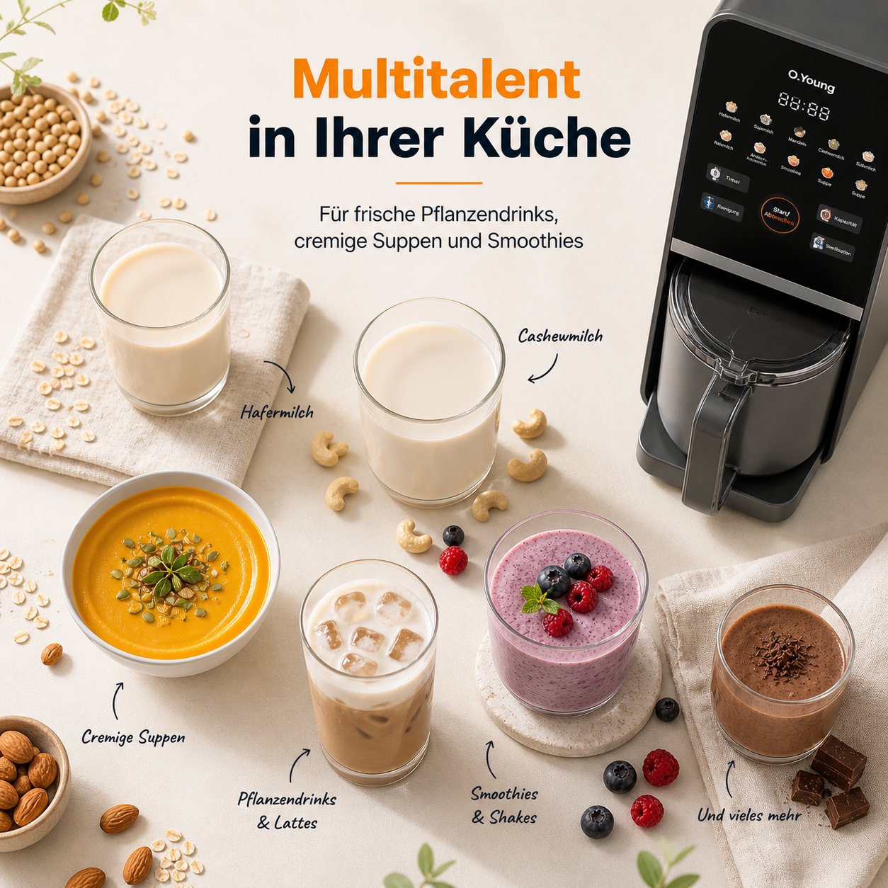 Eine Küchenmaschine zeigt verschiedene pflanzliche Getränke, Suppen und Smoothies.