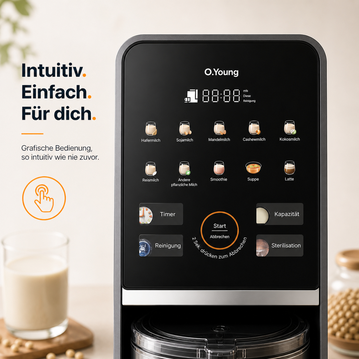 Bedienfeld einer Milchmaschine mit Optionen für Hafer-, Soja-, Mandel-, Cashew-, Kokosmilch, Reis, Smoothie, Suppe, Latte.