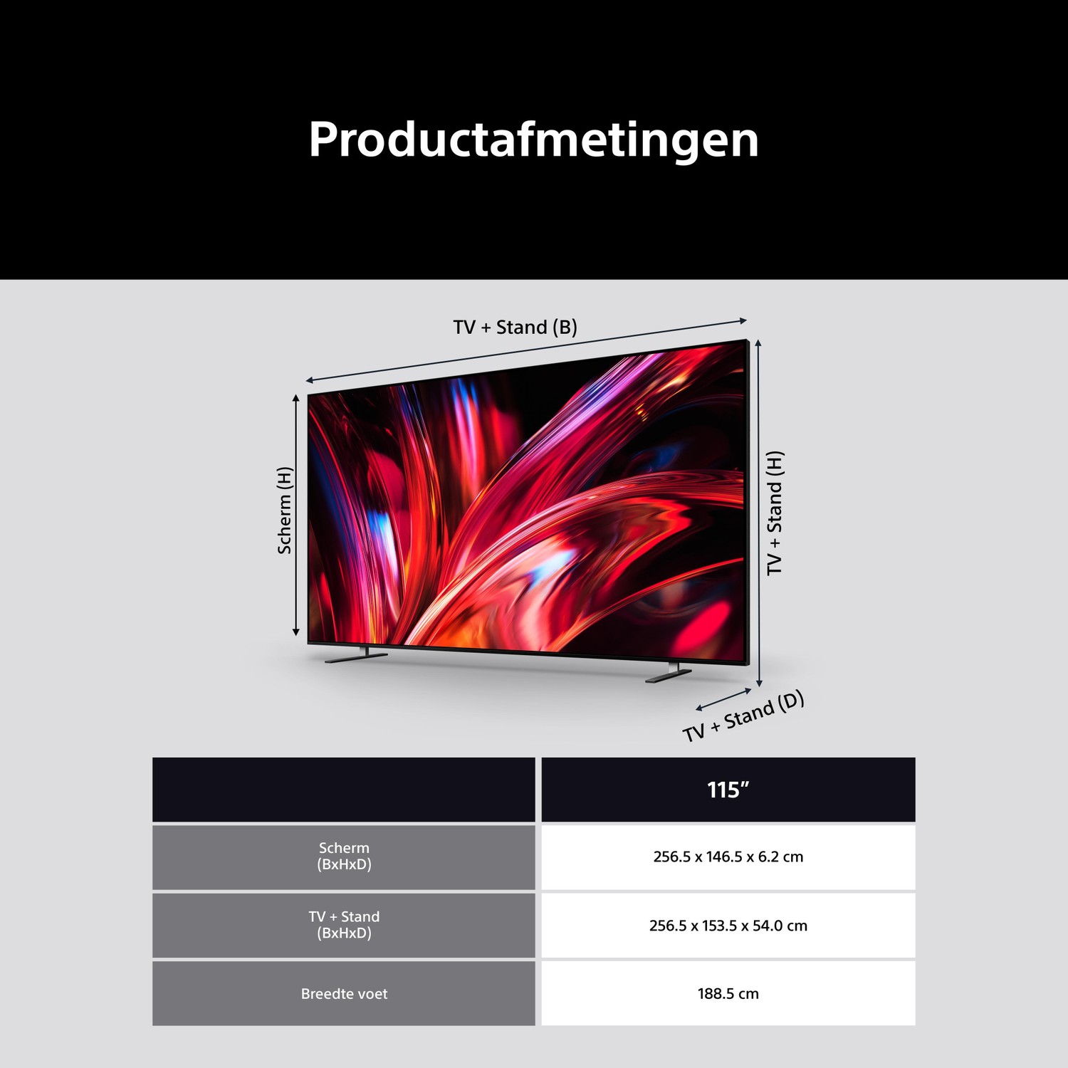 A 115-inch TV showing dimensions with stand.